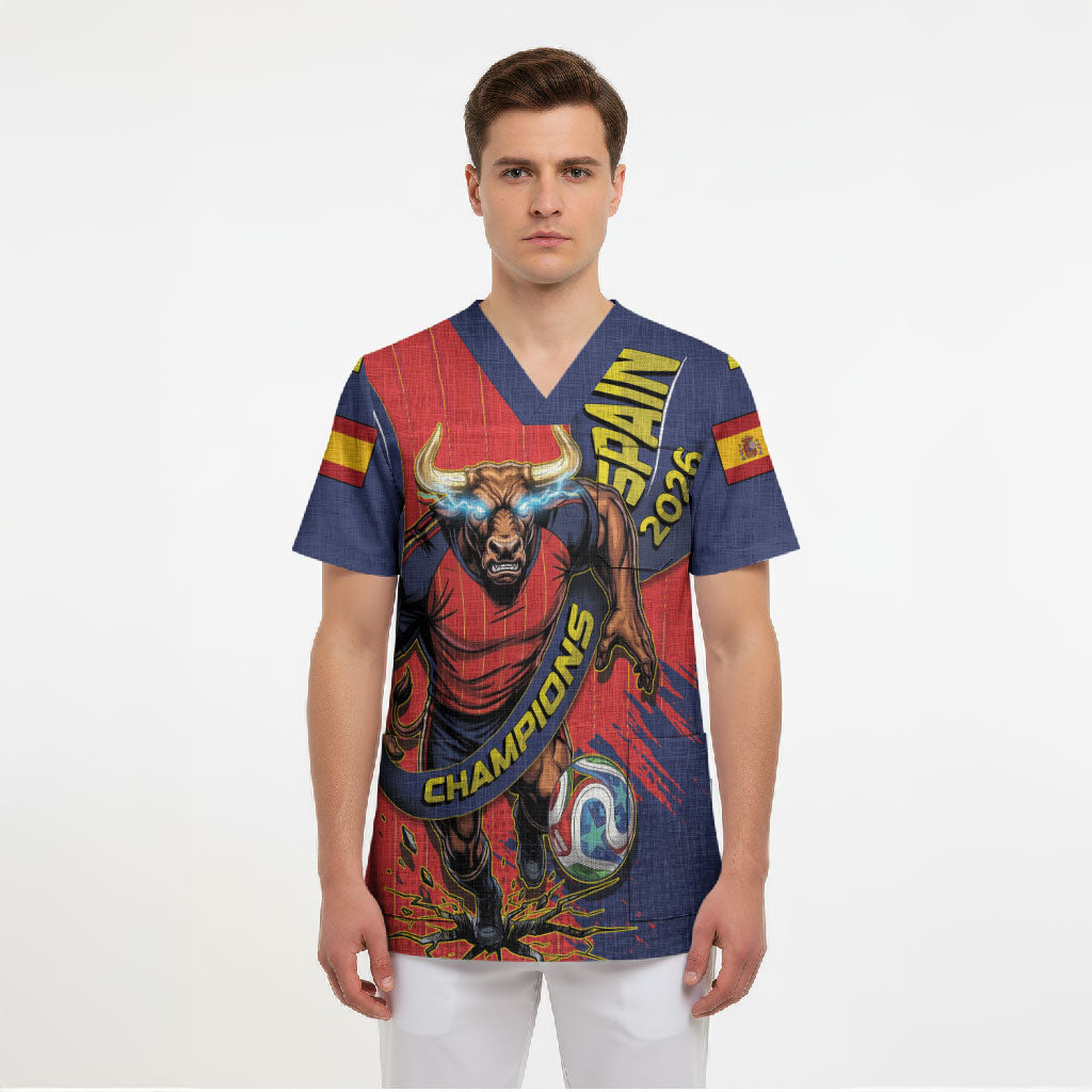 Spain Football 2026 Champions Scrub Top Bull Mascot Illustration In Spanish National Colors Comic Style
