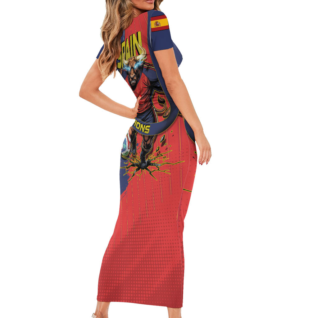 Spain Football 2026 Champions Short Sleeve Bodycon Dress Bull Mascot Illustration In Spanish National Colors Comic Style