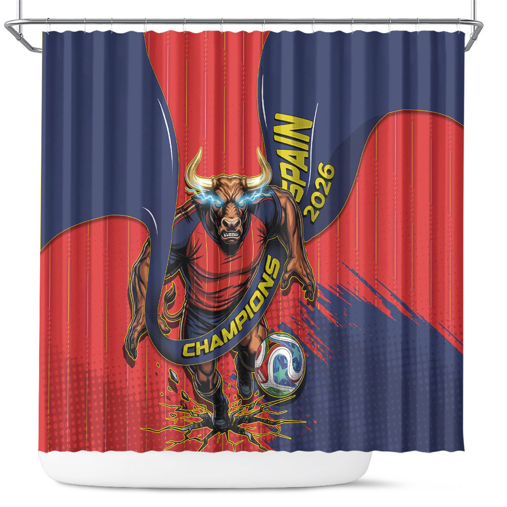 Spain Football 2026 Champions Shower Curtain Bull Mascot Illustration In Spanish National Colors Comic Style