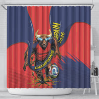 Spain Football 2026 Champions Shower Curtain Bull Mascot Illustration In Spanish National Colors Comic Style