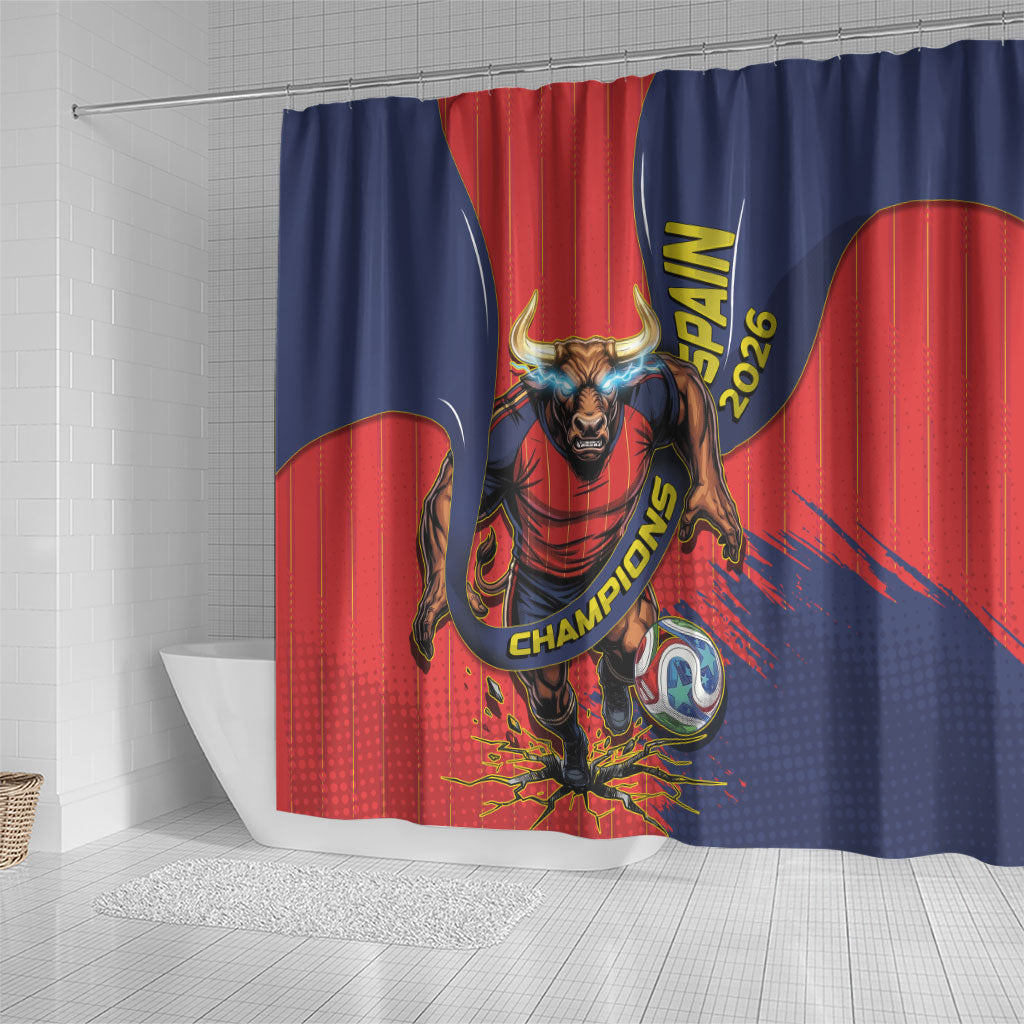 Spain Football 2026 Champions Shower Curtain Bull Mascot Illustration In Spanish National Colors Comic Style
