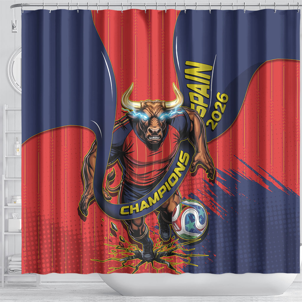 Spain Football 2026 Champions Shower Curtain Bull Mascot Illustration In Spanish National Colors Comic Style