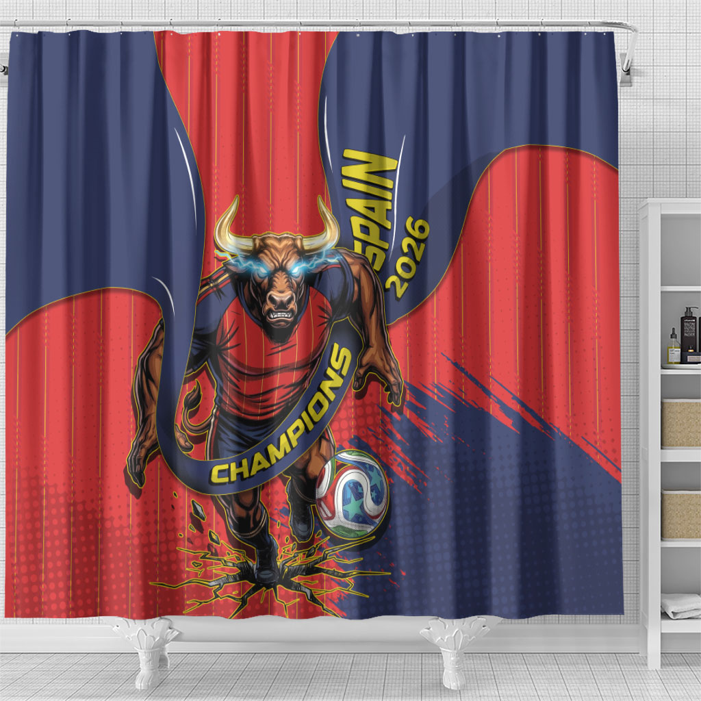 Spain Football 2026 Champions Shower Curtain Bull Mascot Illustration In Spanish National Colors Comic Style