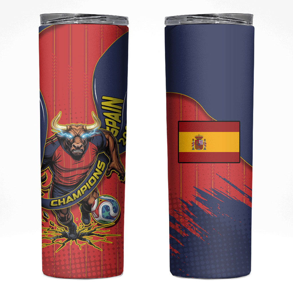 Spain Football 2026 Champions Skinny Tumbler Bull Mascot Illustration In Spanish National Colors Comic Style