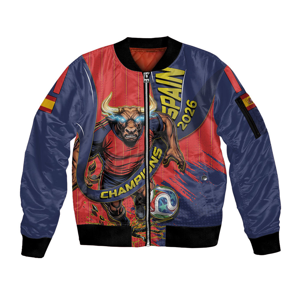 Spain Football 2026 Champions Sleeve Zip Bomber Jacket Bull Mascot Illustration In Spanish National Colors Comic Style
