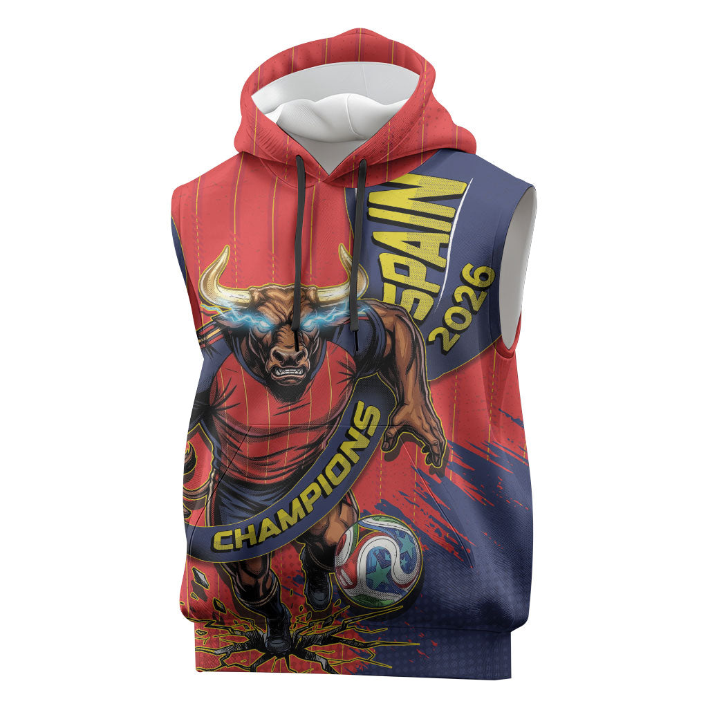 Spain Football 2026 Champions Sleeveless Hoodie Bull Mascot Illustration In Spanish National Colors Comic Style
