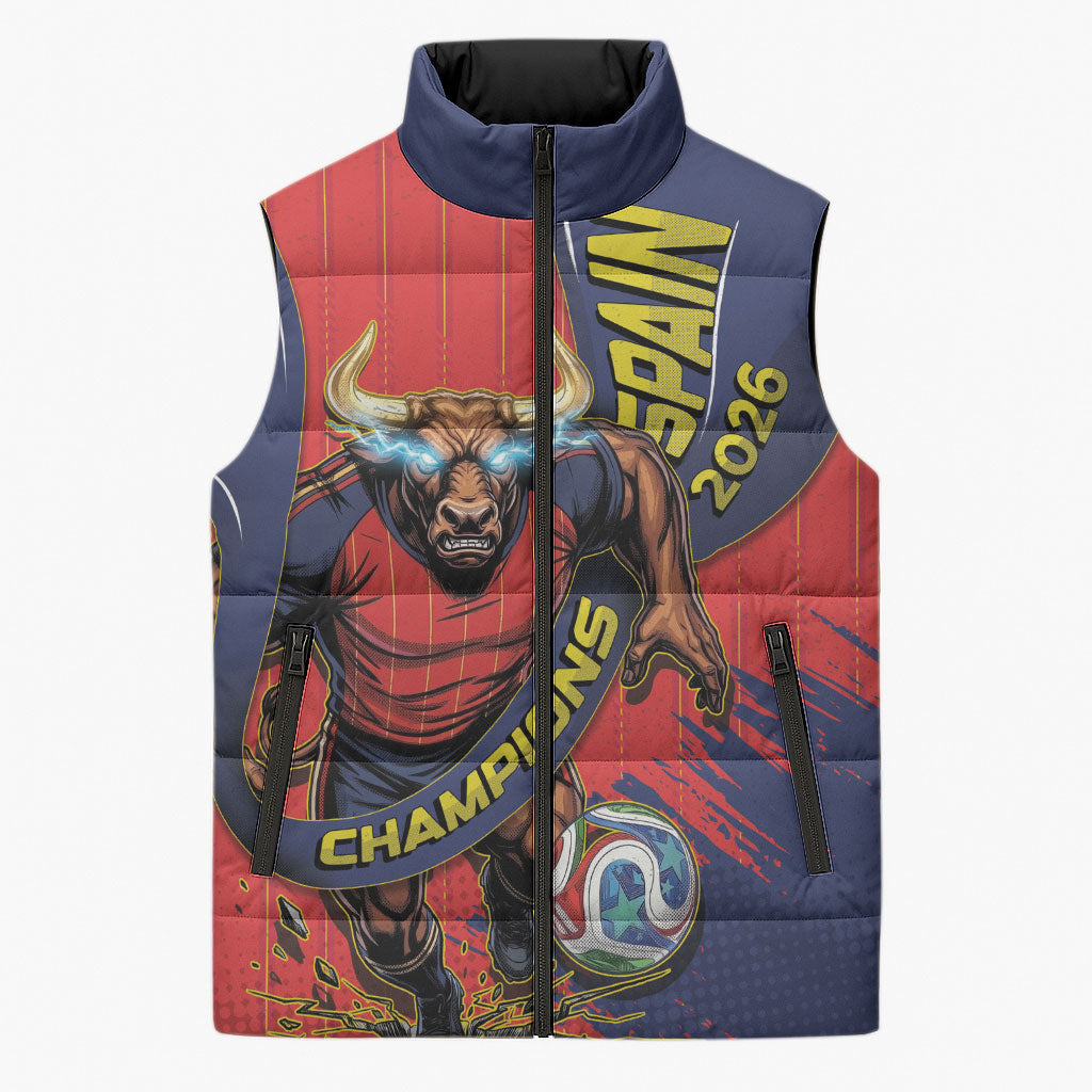 Spain Football 2026 Champions Sleeveless Puffer Jacket Bull Mascot Illustration In Spanish National Colors Comic Style