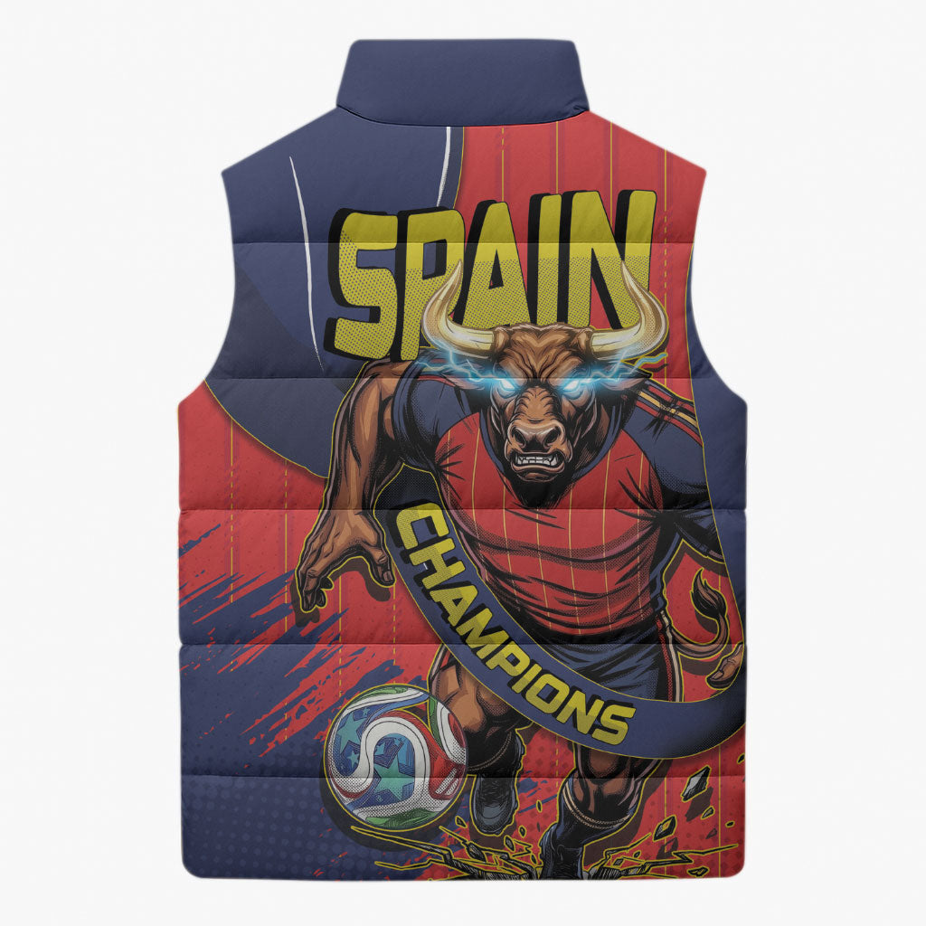 Spain Football 2026 Champions Sleeveless Puffer Jacket Bull Mascot Illustration In Spanish National Colors Comic Style