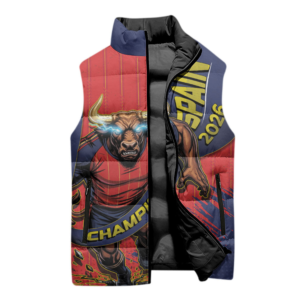 Spain Football 2026 Champions Sleeveless Puffer Jacket Bull Mascot Illustration In Spanish National Colors Comic Style