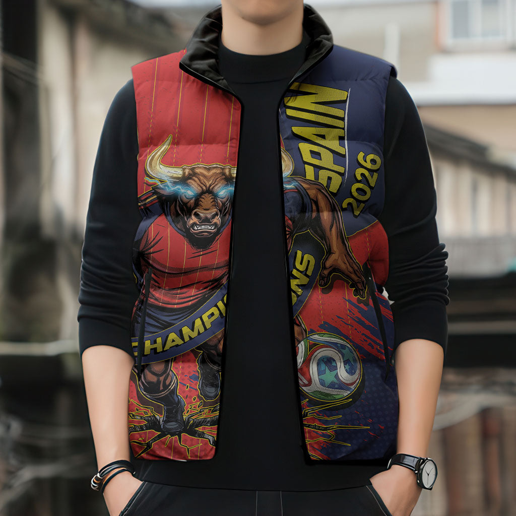 Spain Football 2026 Champions Sleeveless Puffer Jacket Bull Mascot Illustration In Spanish National Colors Comic Style