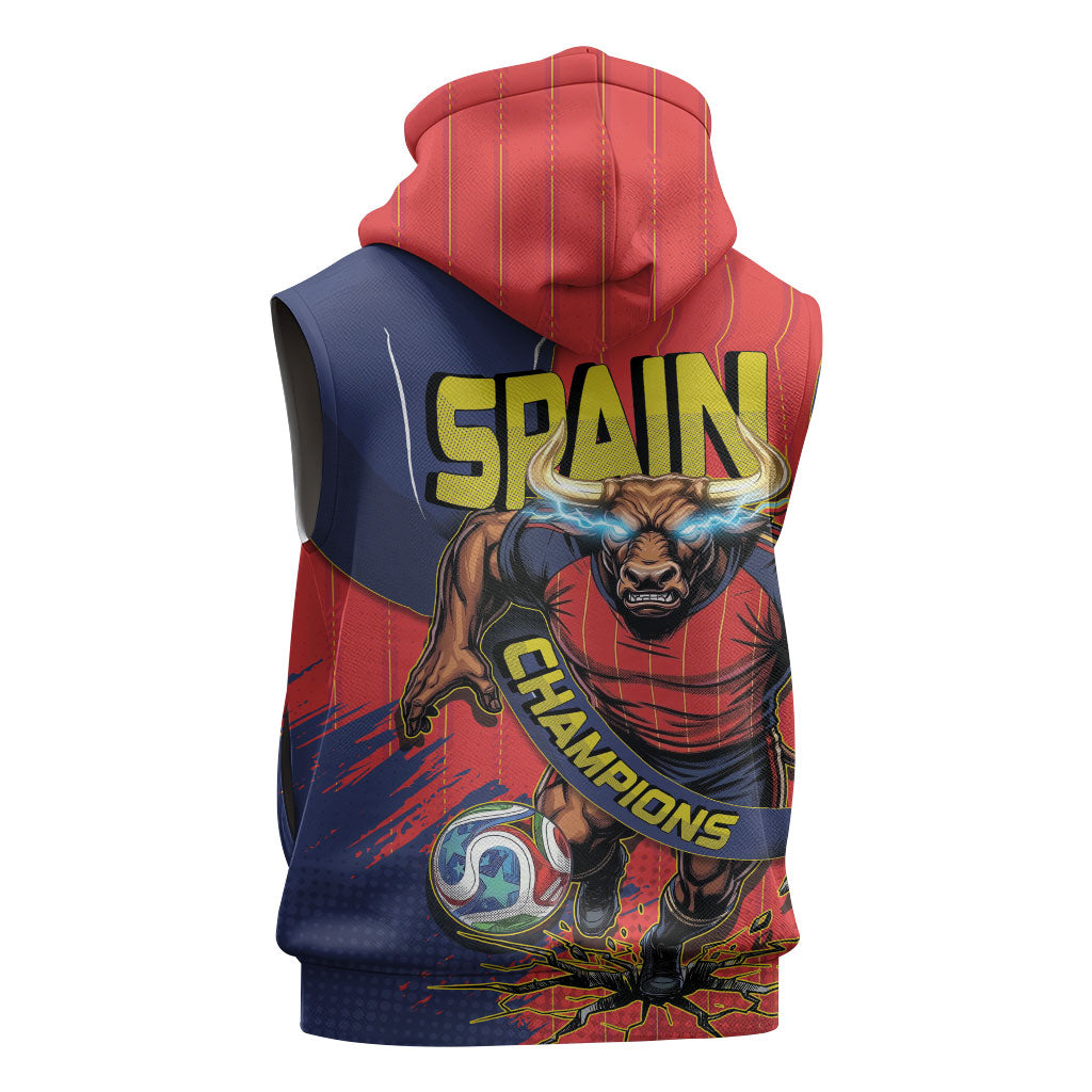 Spain Football 2026 Champions Sleeveless Zip Hoodie Bull Mascot Illustration In Spanish National Colors Comic Style