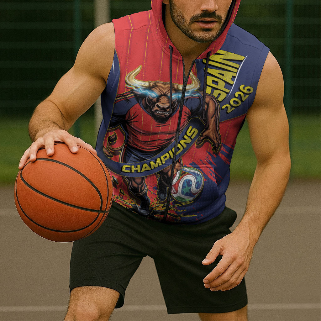 Spain Football 2026 Champions Sleeveless Zip Hoodie Bull Mascot Illustration In Spanish National Colors Comic Style