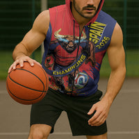 Spain Football 2026 Champions Sleeveless Zip Hoodie Bull Mascot Illustration In Spanish National Colors Comic Style