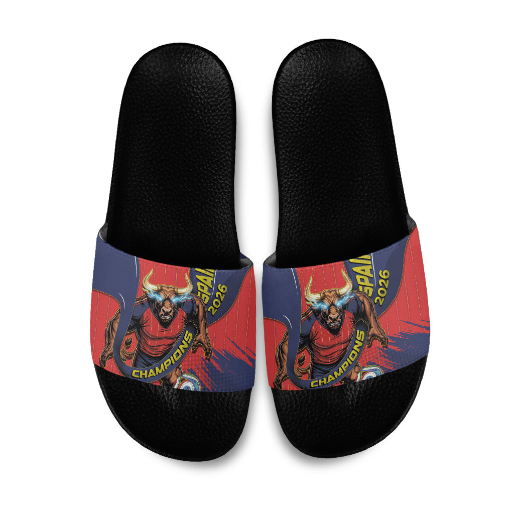 Spain Football 2026 Champions Slide Sandals Bull Mascot Illustration In Spanish National Colors Comic Style