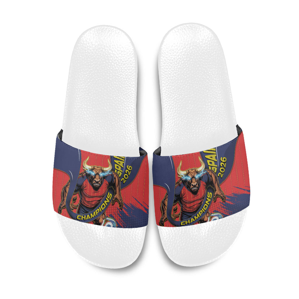 Spain Football 2026 Champions Slide Sandals Bull Mascot Illustration In Spanish National Colors Comic Style