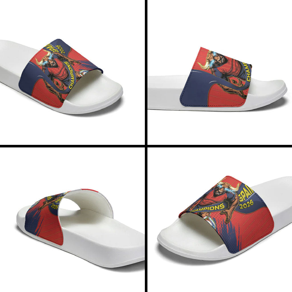 Spain Football 2026 Champions Slide Sandals Bull Mascot Illustration In Spanish National Colors Comic Style