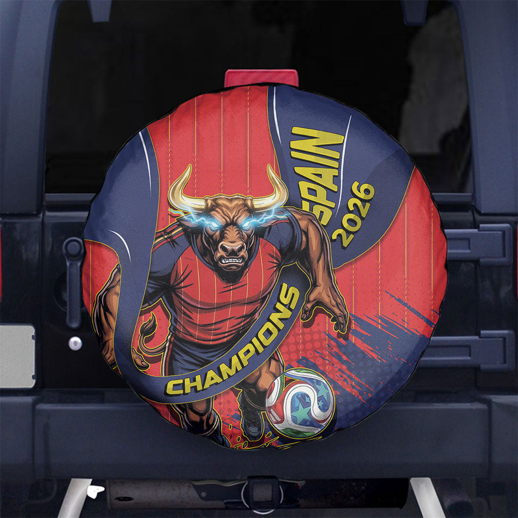 Spain Football 2026 Champions Spare Tire Cover Bull Mascot Illustration In Spanish National Colors Comic Style