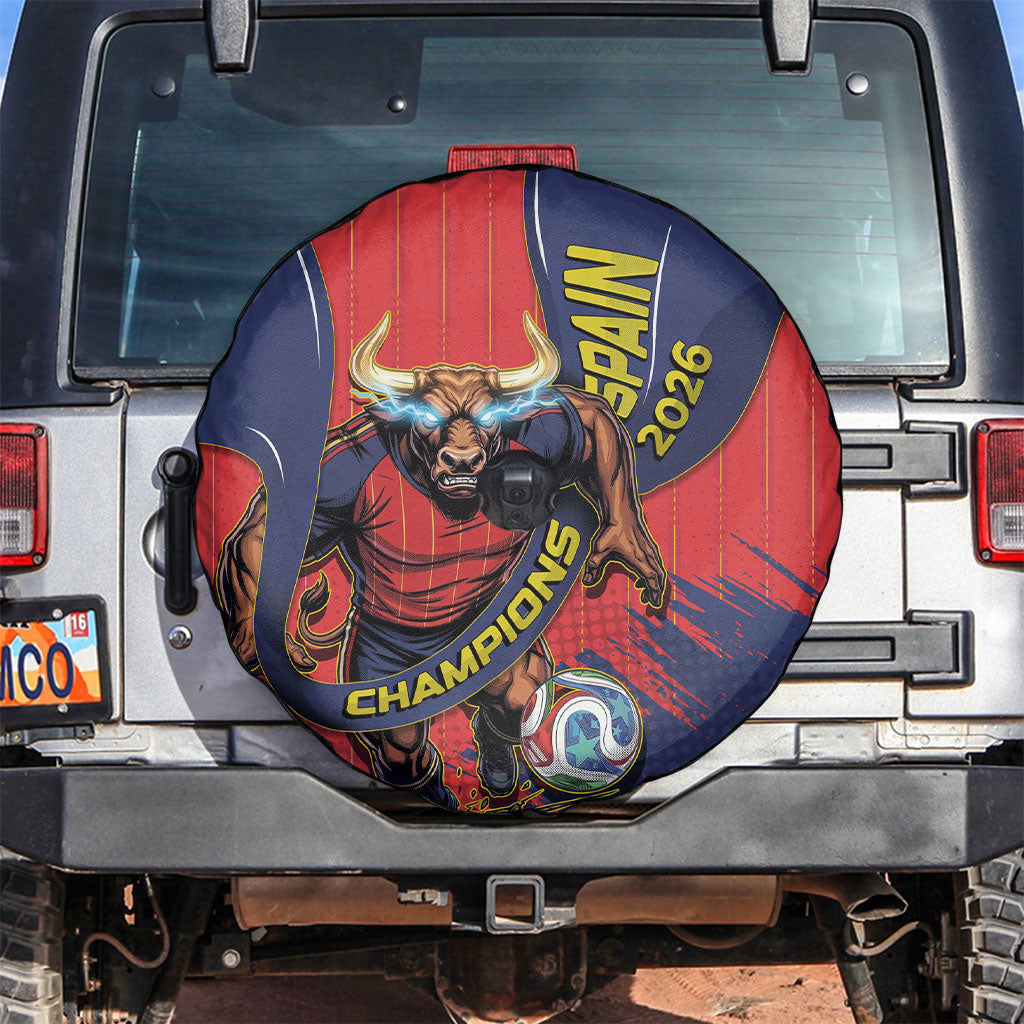 Spain Football 2026 Champions Spare Tire Cover Bull Mascot Illustration In Spanish National Colors Comic Style