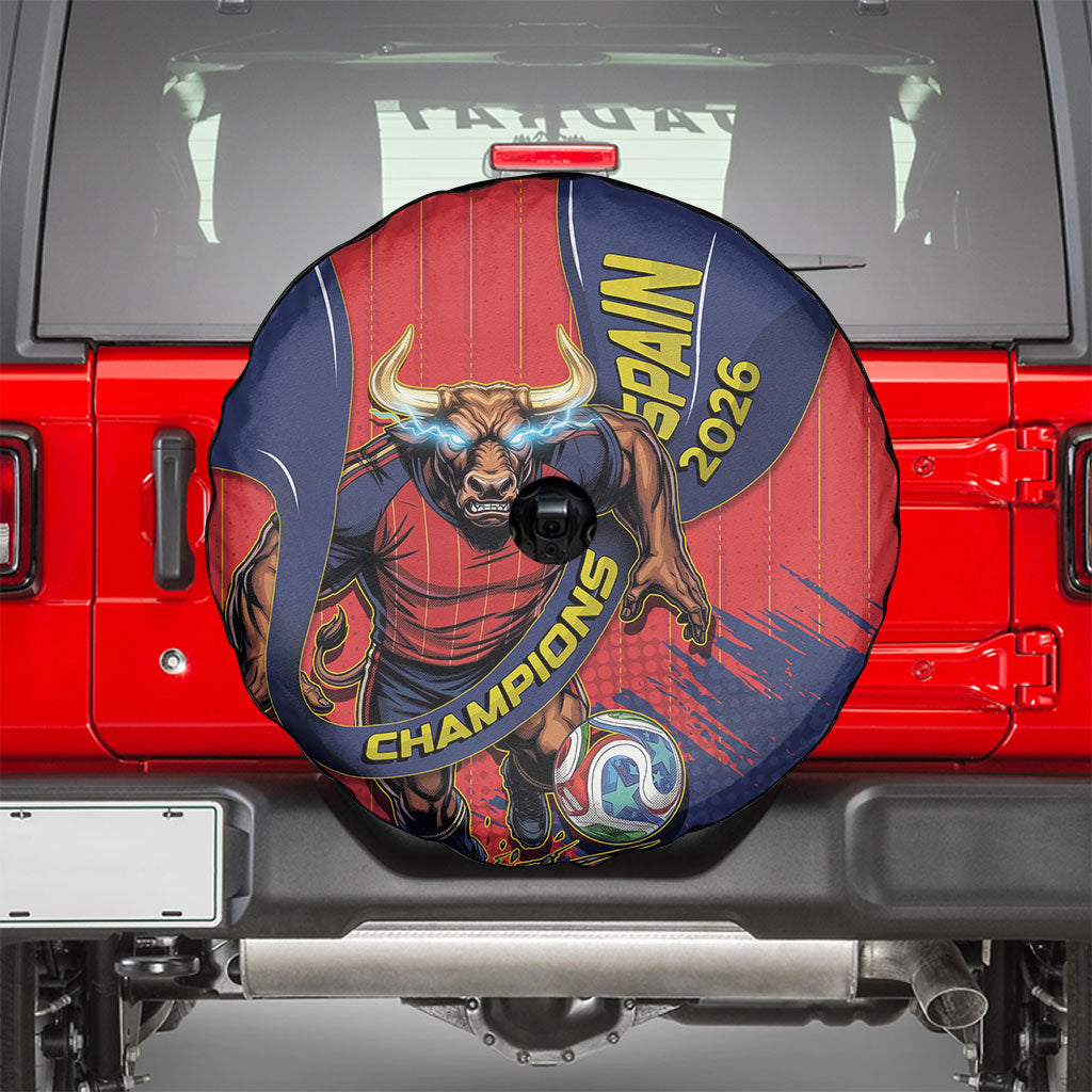 Spain Football 2026 Champions Spare Tire Cover Bull Mascot Illustration In Spanish National Colors Comic Style