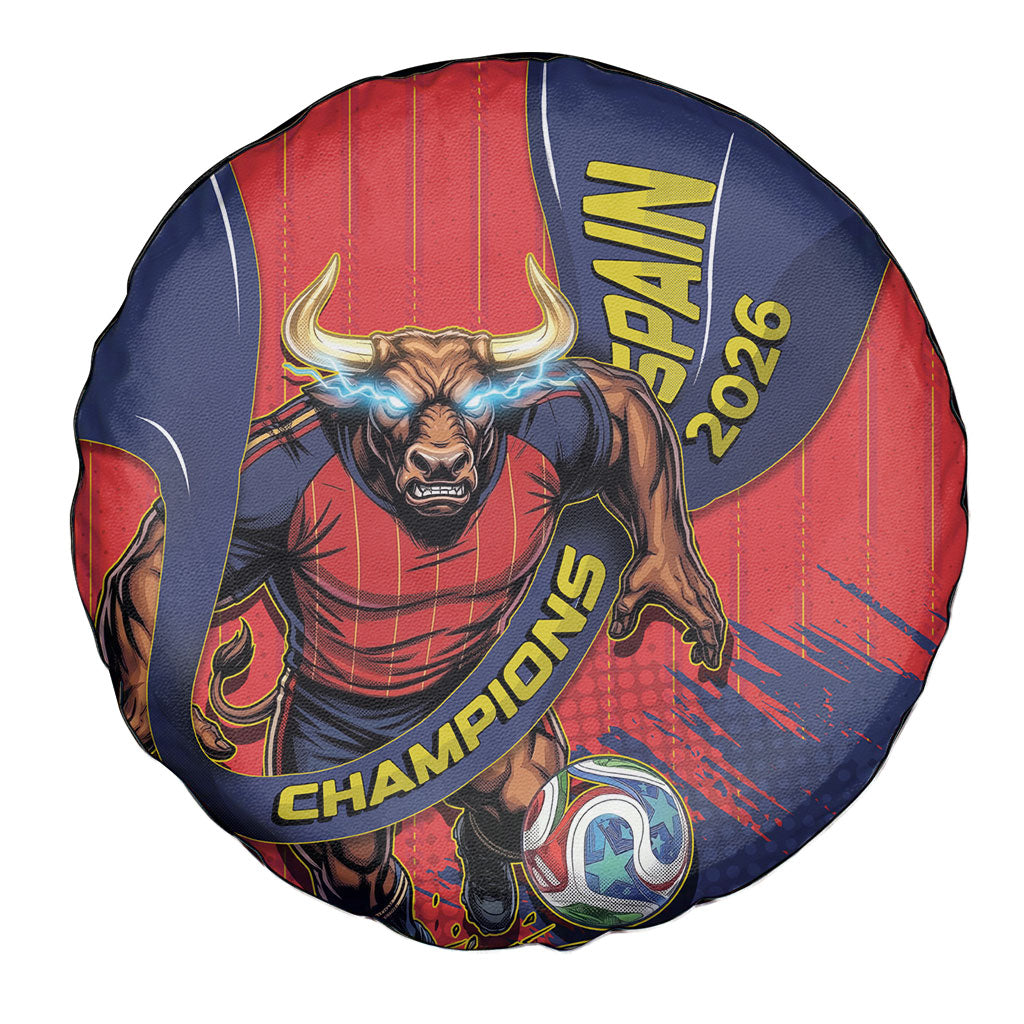 Spain Football 2026 Champions Spare Tire Cover Bull Mascot Illustration In Spanish National Colors Comic Style