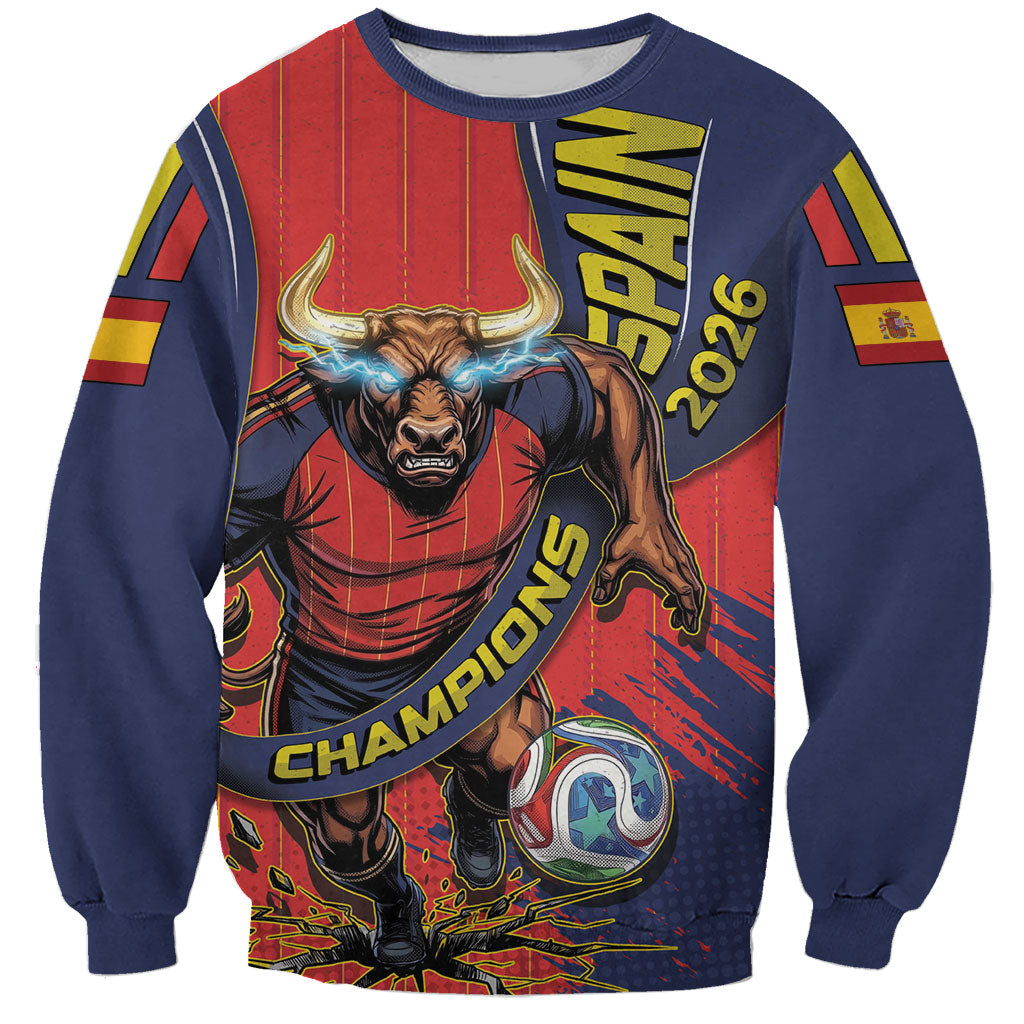 Spain Football 2026 Champions Sweatshirt Bull Mascot Illustration In Spanish National Colors Comic Style