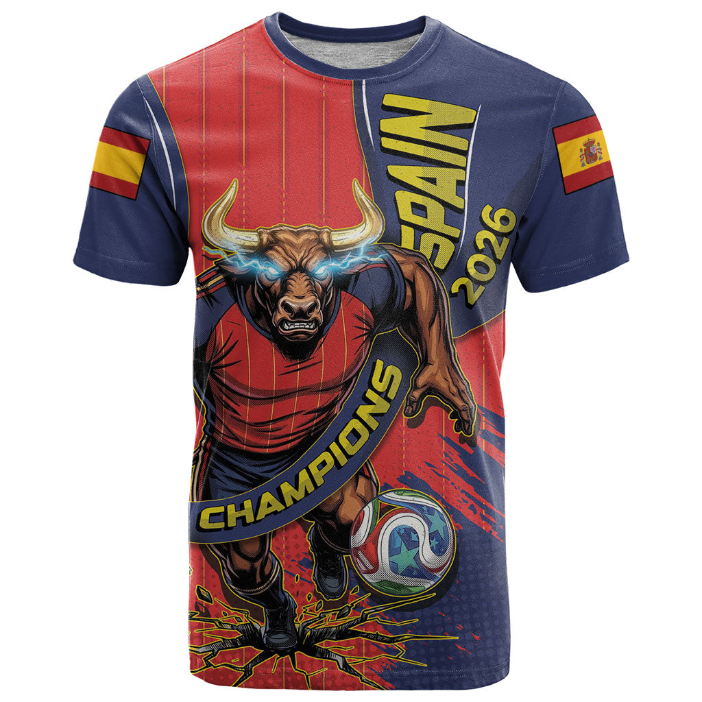 Spain Football 2026 Champions T Shirt Bull Mascot Illustration In Spanish National Colors Comic Style