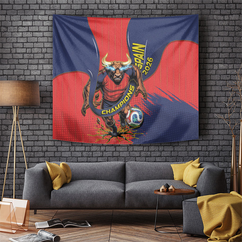 Spain Football 2026 Champions Tapestry Bull Mascot Illustration In Spanish National Colors Comic Style