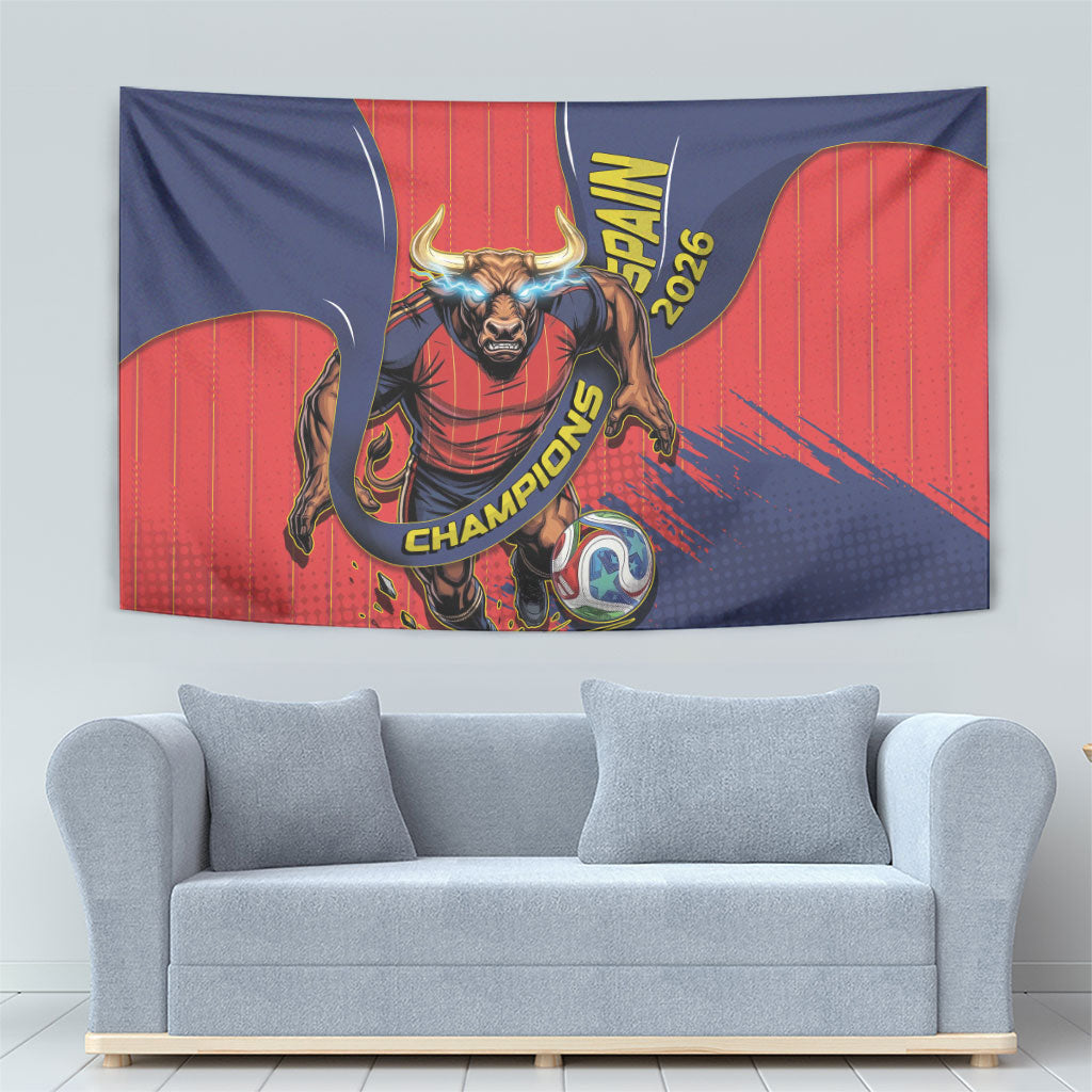 Spain Football 2026 Champions Tapestry Bull Mascot Illustration In Spanish National Colors Comic Style