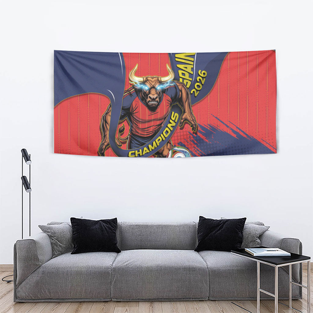 Spain Football 2026 Champions Tapestry Bull Mascot Illustration In Spanish National Colors Comic Style