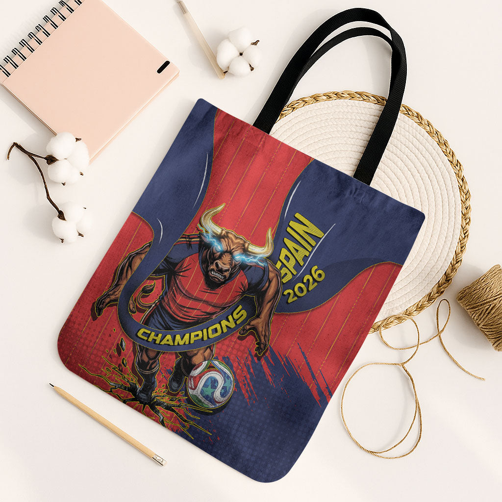 Spain Football 2026 Champions Tote Bag Bull Mascot Illustration In Spanish National Colors Comic Style