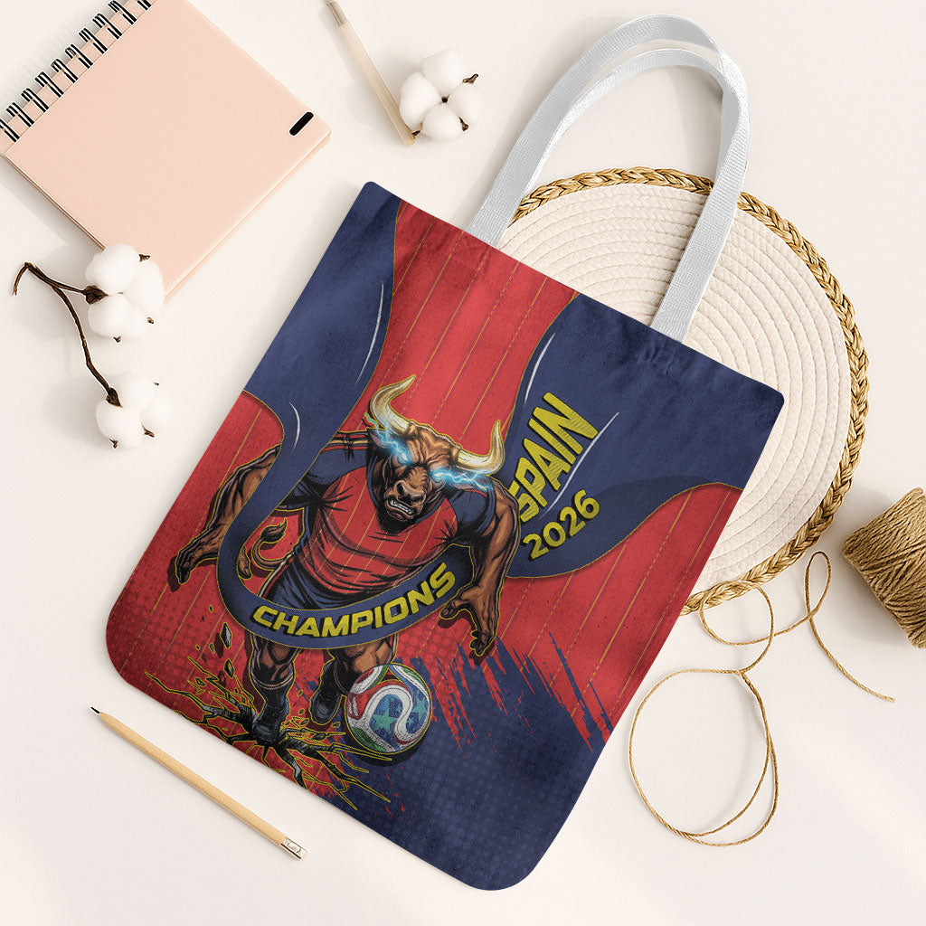 Spain Football 2026 Champions Tote Bag Bull Mascot Illustration In Spanish National Colors Comic Style