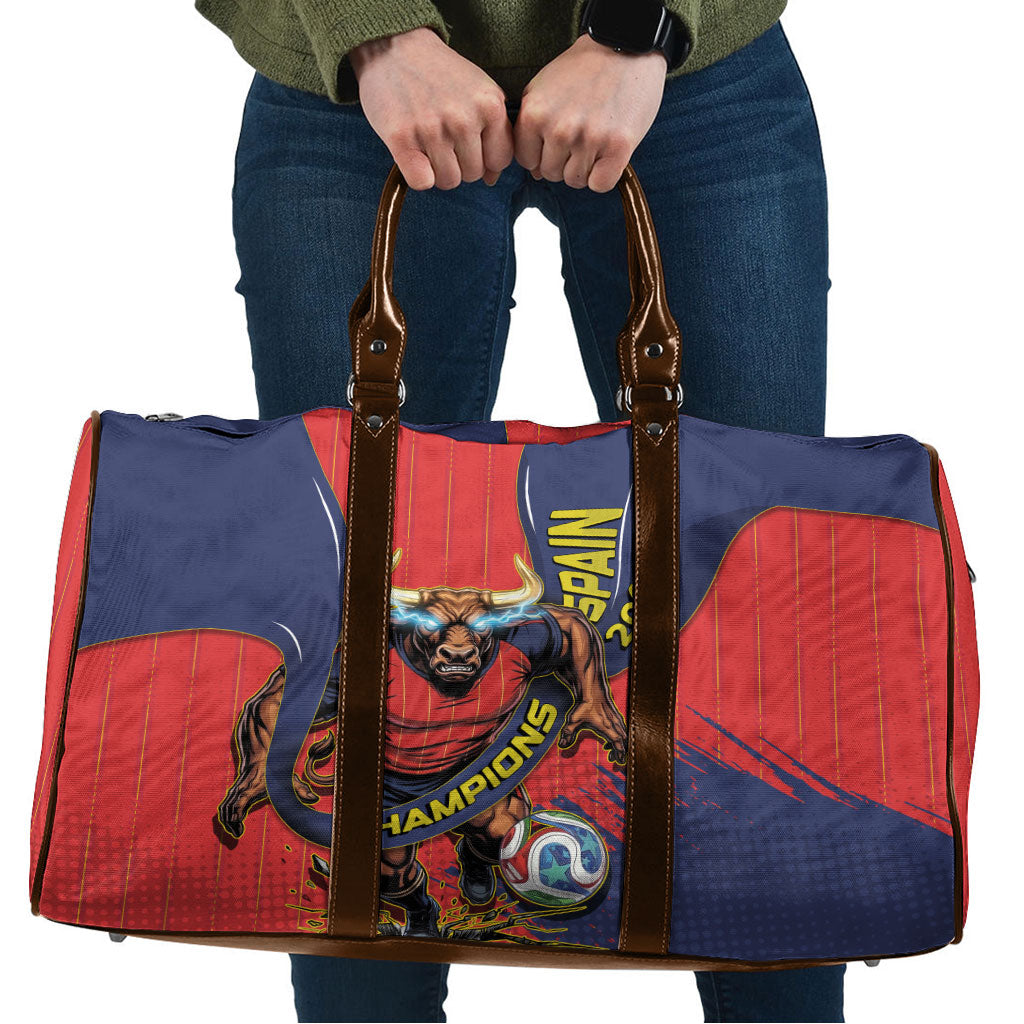 Spain Football 2026 Champions Travel Bag Bull Mascot Illustration In Spanish National Colors Comic Style