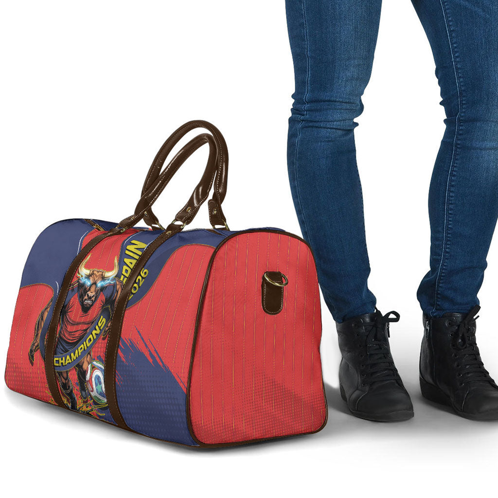 Spain Football 2026 Champions Travel Bag Bull Mascot Illustration In Spanish National Colors Comic Style