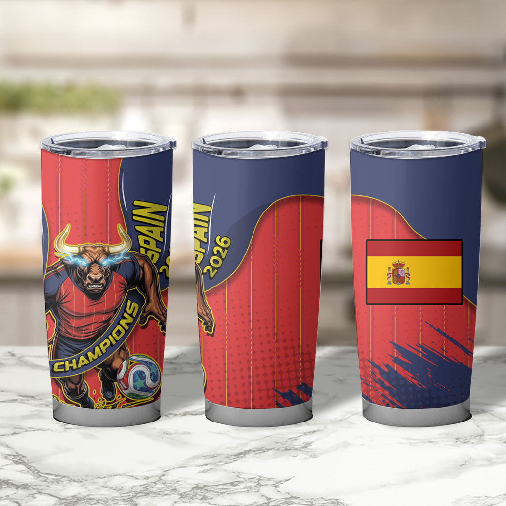Spain Football 2026 Champions Tumbler Cup Bull Mascot Illustration In Spanish National Colors Comic Style
