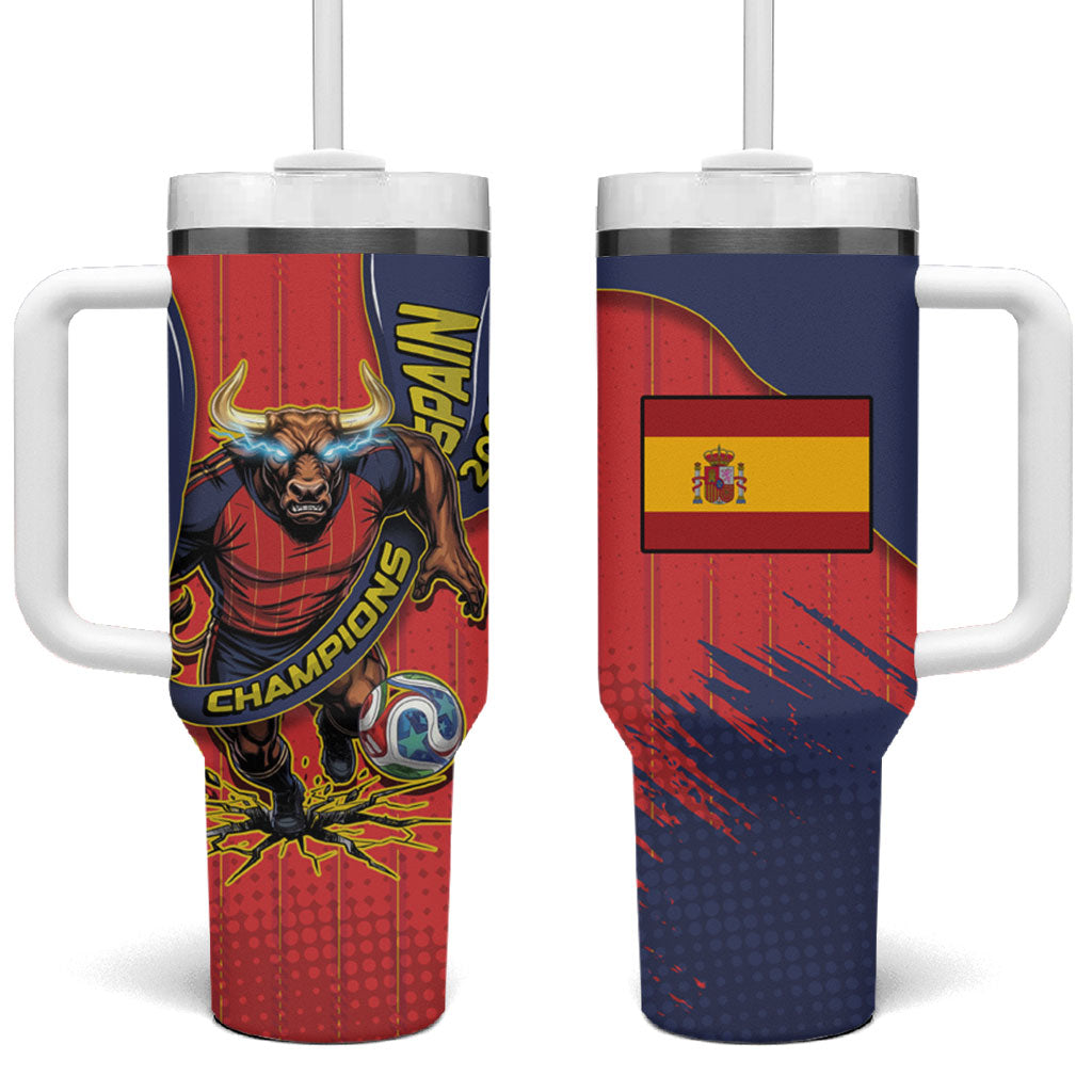 Spain Football 2026 Champions Tumbler With Handle Bull Mascot Illustration In Spanish National Colors Comic Style