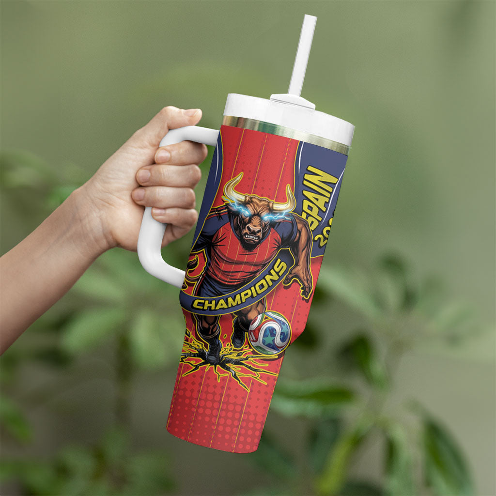 Spain Football 2026 Champions Tumbler With Handle Bull Mascot Illustration In Spanish National Colors Comic Style