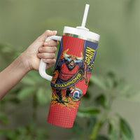 Spain Football 2026 Champions Tumbler With Handle Bull Mascot Illustration In Spanish National Colors Comic Style