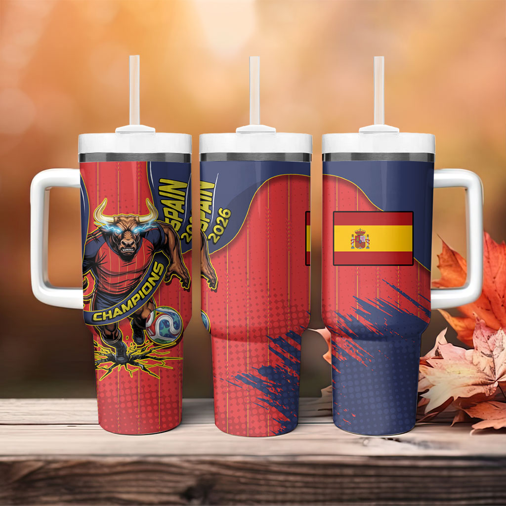 Spain Football 2026 Champions Tumbler With Handle Bull Mascot Illustration In Spanish National Colors Comic Style
