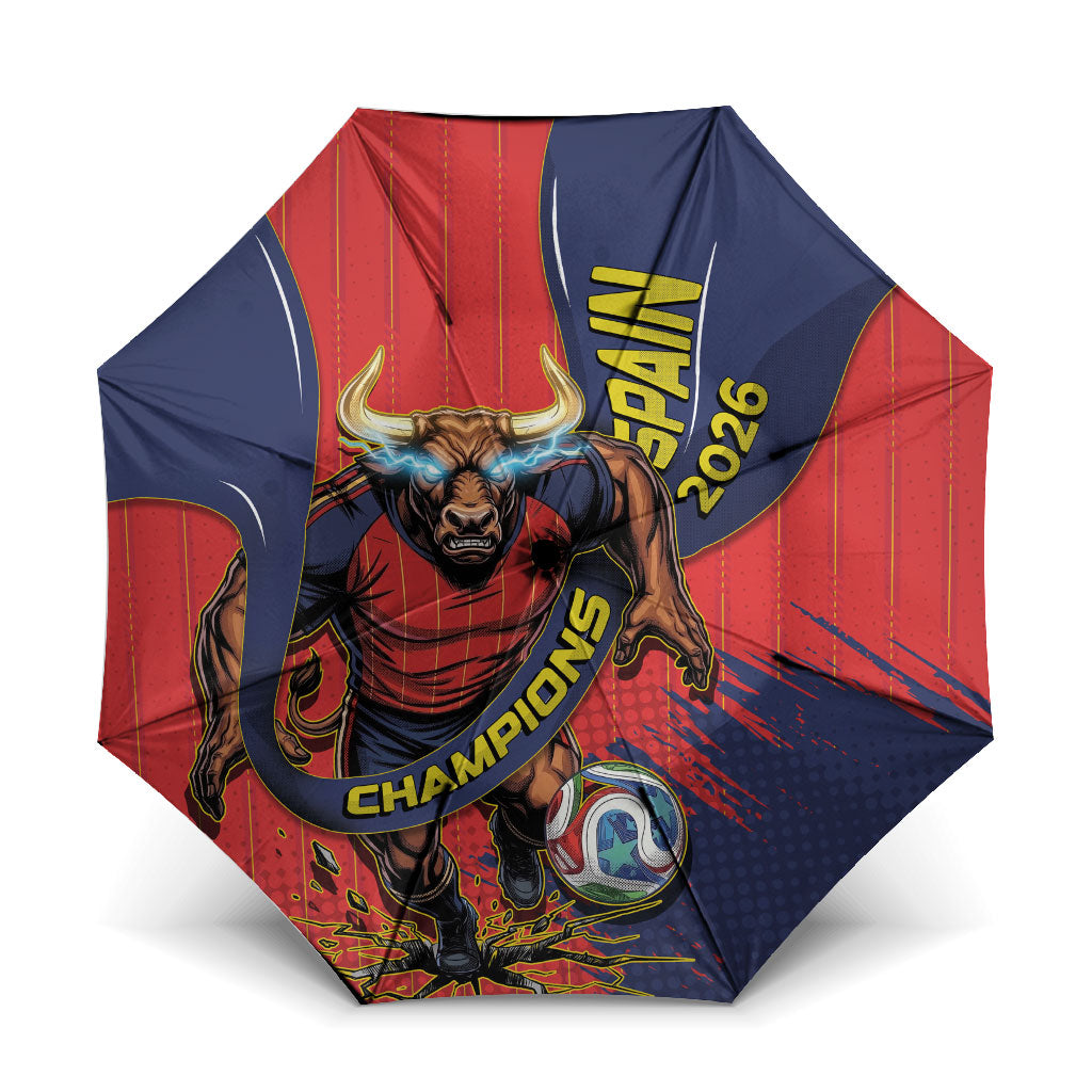 Spain Football 2026 Champions Umbrella Bull Mascot Illustration In Spanish National Colors Comic Style