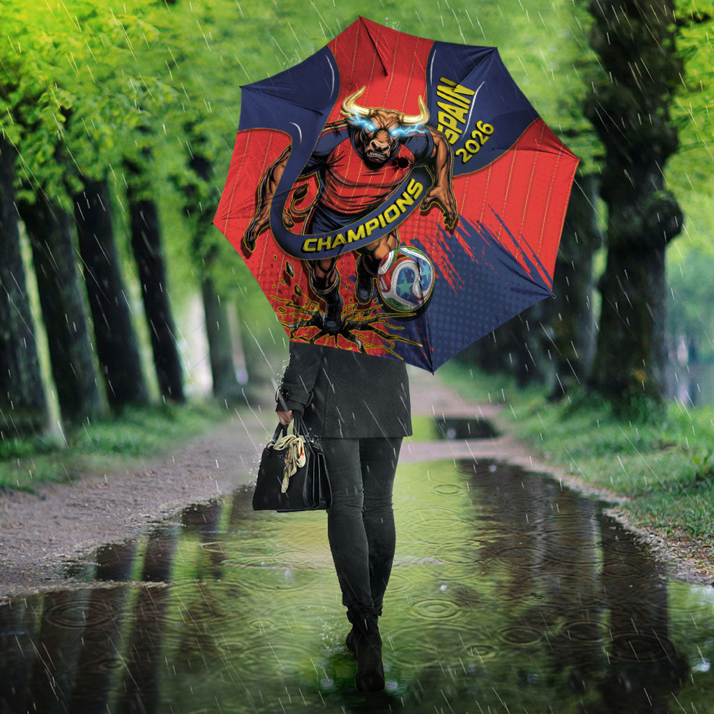 Spain Football 2026 Champions Umbrella Bull Mascot Illustration In Spanish National Colors Comic Style