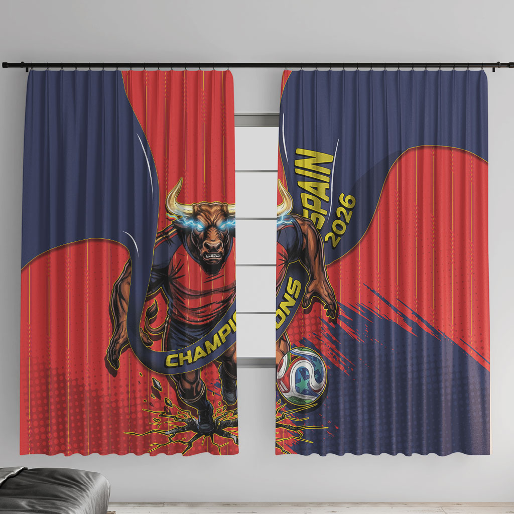 Spain Football 2026 Champions Window Curtain Bull Mascot Illustration In Spanish National Colors Comic Style