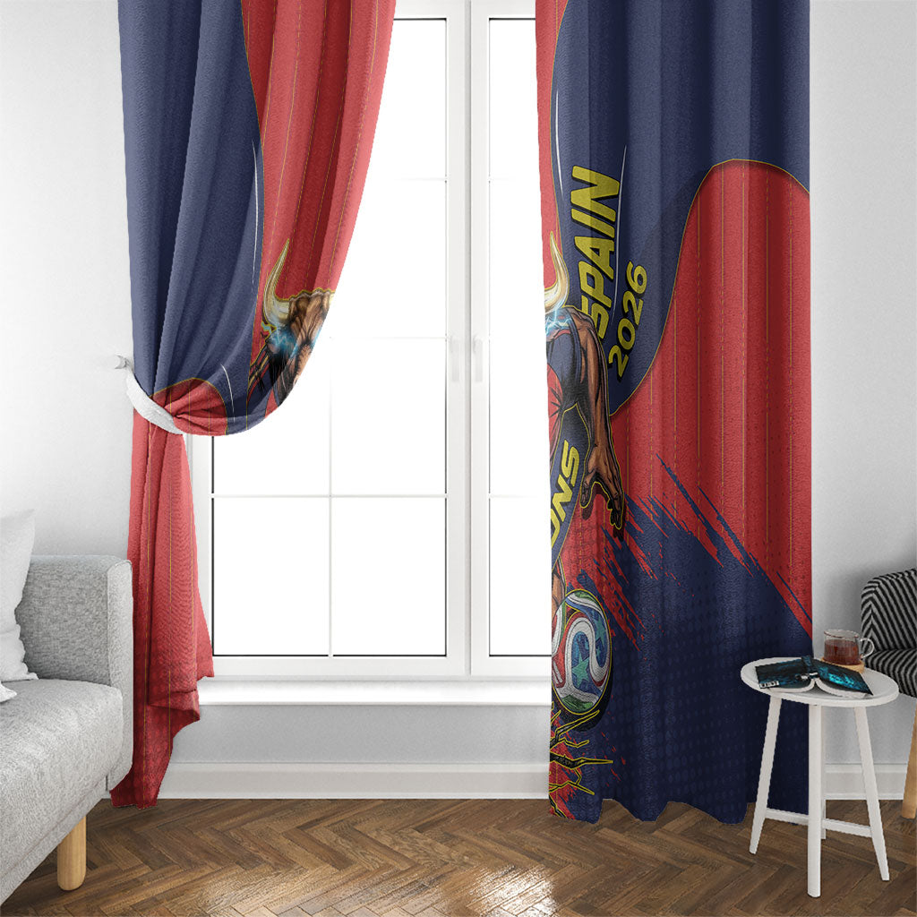 Spain Football 2026 Champions Window Curtain Bull Mascot Illustration In Spanish National Colors Comic Style