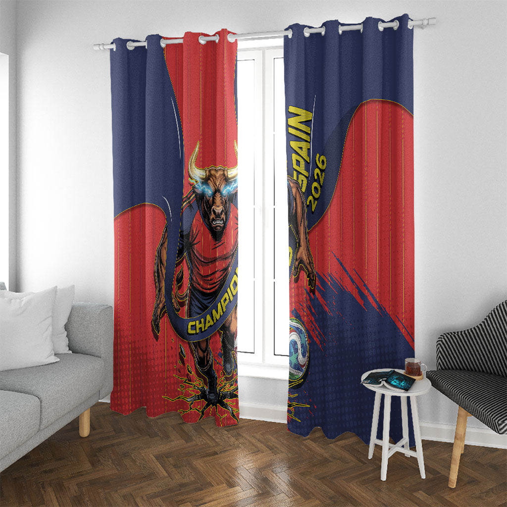 Spain Football 2026 Champions Window Curtain Bull Mascot Illustration In Spanish National Colors Comic Style