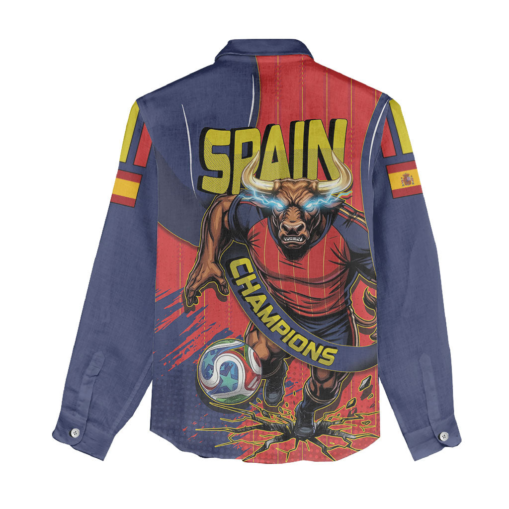 Spain Football 2026 Champions Women Casual Shirt Bull Mascot Illustration In Spanish National Colors Comic Style
