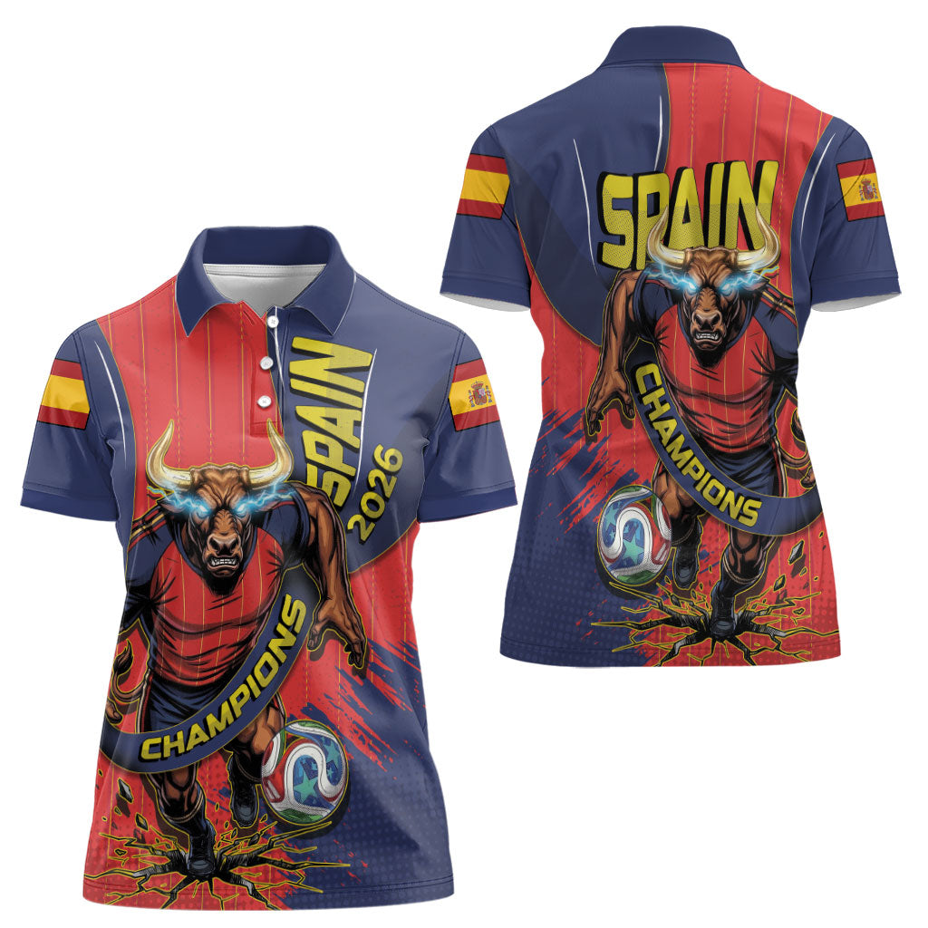 Spain Football 2026 Champions Women Polo Shirt Bull Mascot Illustration In Spanish National Colors Comic Style