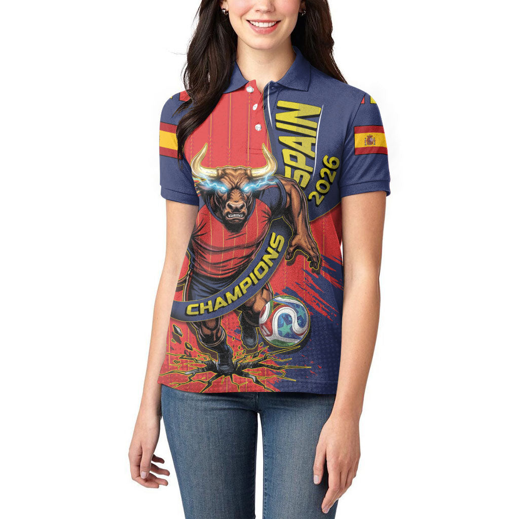 Spain Football 2026 Champions Women Polo Shirt Bull Mascot Illustration In Spanish National Colors Comic Style