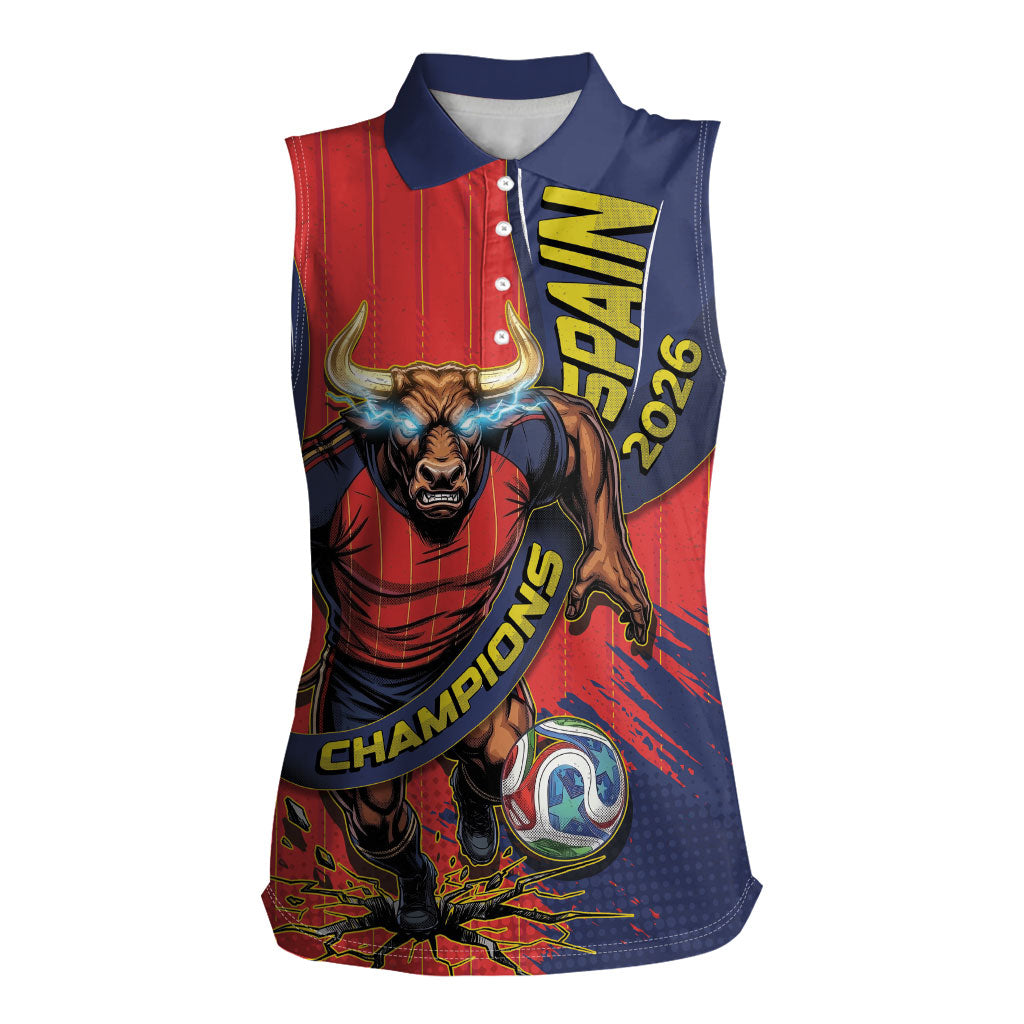 Spain Football 2026 Champions Women Sleeveless Polo Shirt Bull Mascot Illustration In Spanish National Colors Comic Style