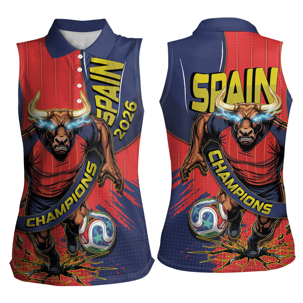 Spain Football 2026 Champions Women Sleeveless Polo Shirt Bull Mascot Illustration In Spanish National Colors Comic Style
