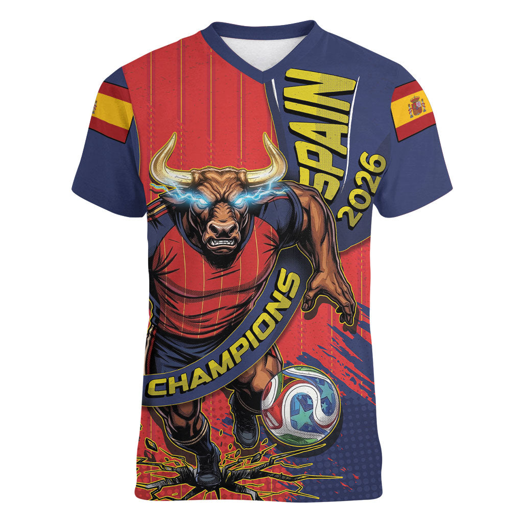 Spain Football 2026 Champions Women V-Neck T-Shirt Bull Mascot Illustration In Spanish National Colors Comic Style