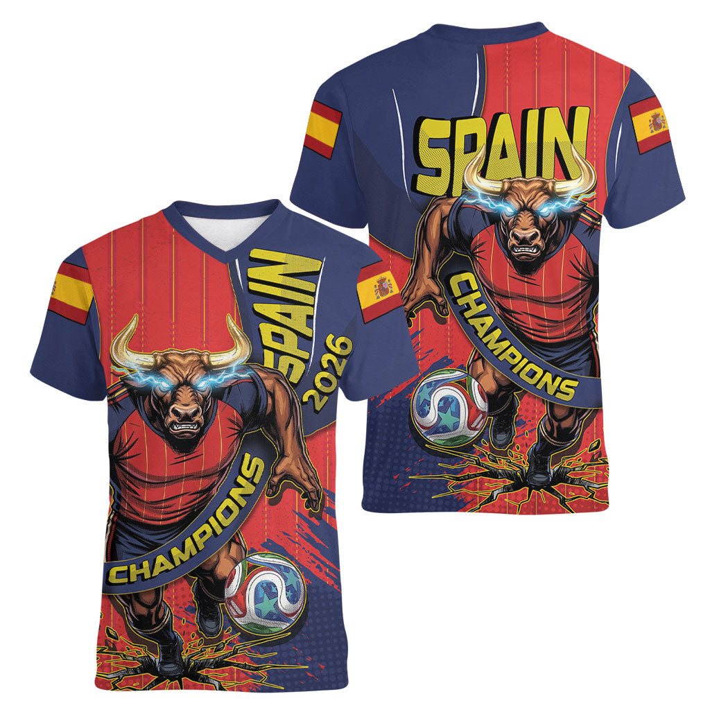 Spain Football 2026 Champions Women V-Neck T-Shirt Bull Mascot Illustration In Spanish National Colors Comic Style